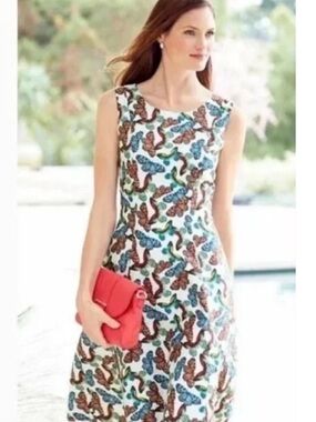 Talbots White Midi Dress with Multicolor Butterfly Print